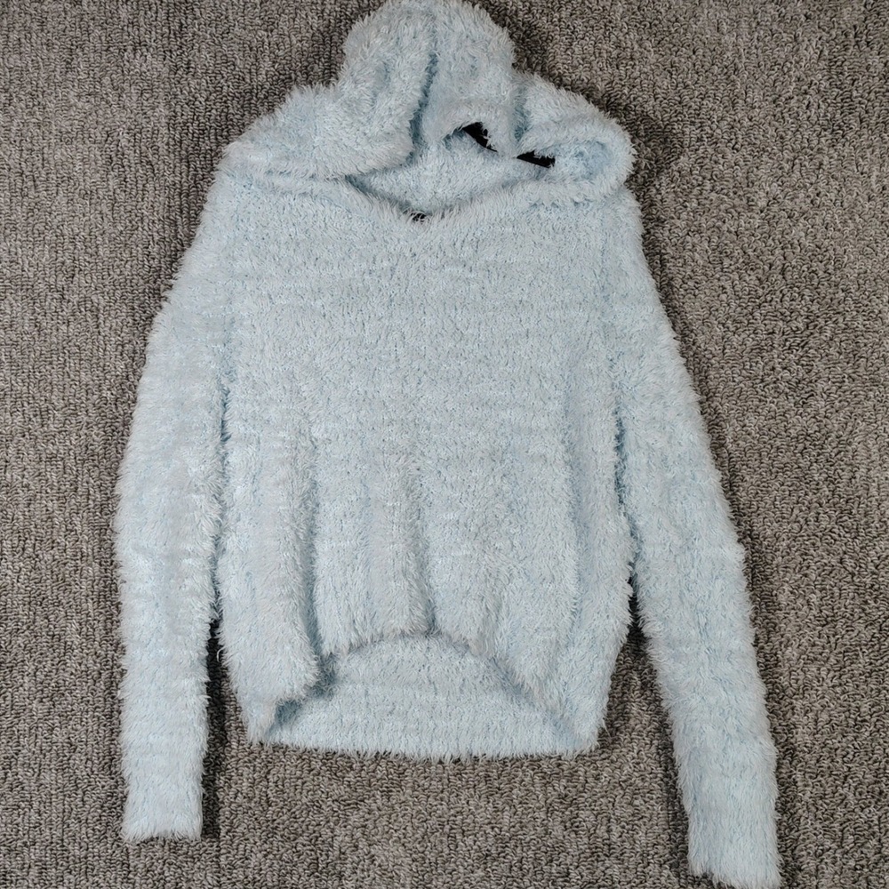 Almost Famous Hoodie Light Blue Fuzzy Eyelash Knit Softcore Women XL